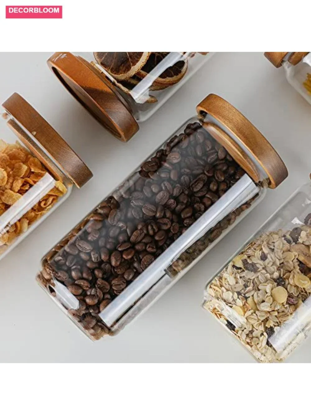 Glass Storage Jars with Wood Lid, Set of 5 Airtight Containers for Kitchen